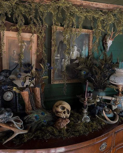 DEADER HOMES and GARDENS | Credit: @kevrosefarm • • • • • • • • #deaderhomesandgardens #gothicdecor #halloweendecor #spooky #spookydecor #halloweeneveryday #goth… | Instagram Faux Halloween Fireplace, Halloween Interior Decor Party, Otgw Decorations, Old World Halloween Decor, Witch Aesthetic Halloween Decor, Gothic Haunted House Decor, Woodsy Gothic Decor, Witch Coven Halloween Decorations, Moody Halloween Aesthetic