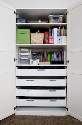 Pax cabinet from Ikea- large double door storage unit. Ikea Craftrooms, Ikea Craft Storage, Stamp Organization, Office Desk Organization, Ikea Closet Organizer, Ikea Home Office, Craft Closet Organization, Industrial Home Offices, Cheap Office Furniture