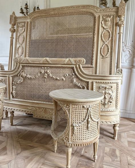 Rattan Bed Frame, Country Bedrooms, Rattan Bed, French Country Bedrooms, French Bedroom, Wood Carving Designs, Distressed Texture, Carving Designs, Rattan Furniture