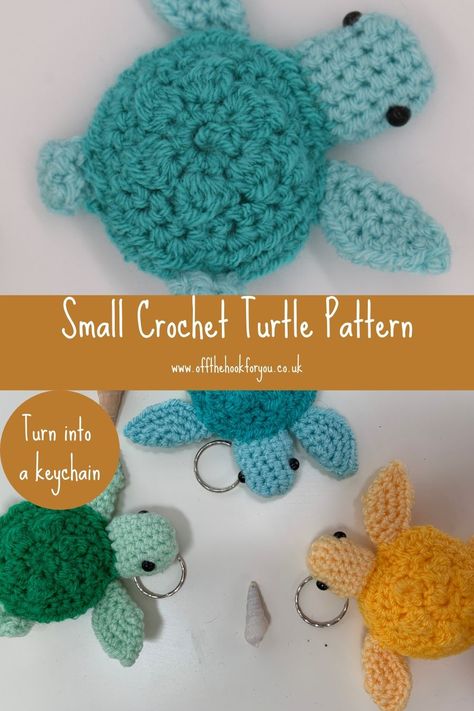 Small Crochet Turtle Keychain- Free Pattern - off the hook for you Crochet Key Chains Free Pattern Flower, Crochet Key Rings Free Pattern, Crochet Buddies, Crochet Turtle Pattern Free, Crochet Keychain Patterns, Crochet Keyring Free Pattern, Crochet Turtle Pattern, Keychain Patterns, Small Patterns