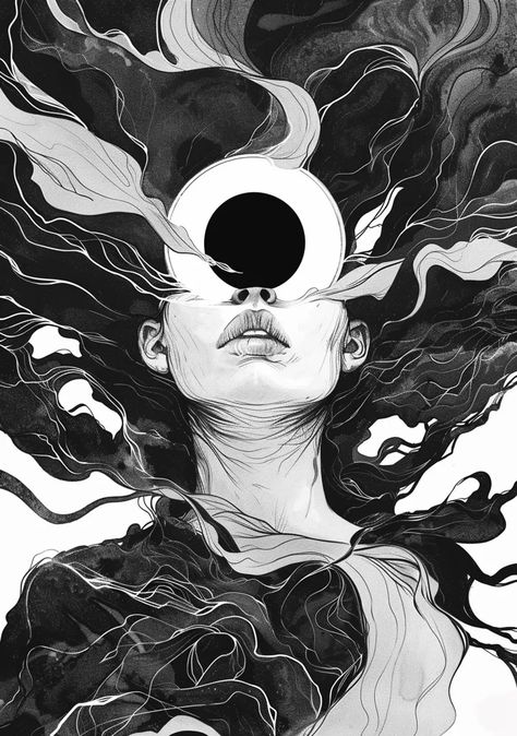 The image is a black and white drawing of a woman's face. She has long, flowing hair and her eyes are closed ->> more details in ai-img-gen.com Letting Go Sketch, Face High Contrast, Head Exploding Art, Face Realistic Drawing, Portrait High Contrast, Drawing With Shading, Creepy Illustration, Psychology Wallpaper, Hole Drawing