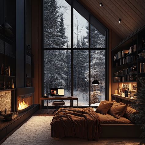 Just great #Cabinlover Black Log Cabin Homes, Modern Cabin Bedroom, Black Log Cabin, Moody Cabin, Black Vibes, Contemporary Cabin, Gorgeous Homes, Cozy Homes, Cabin Bedroom