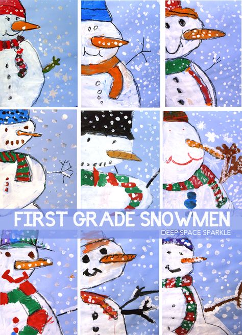 How to draw and paint a three-quarter view snowman Easy Snowman Painting For Kids, Christmas Paintings Easy Simple Kids, Oil Pastel Snowman, Snowman Art Kindergarten, Snowman Process Art Preschool, Snowman Perspective Art, Snowmen Art Projects For Kids, Snowmen At Night Art, Perspective Snowman