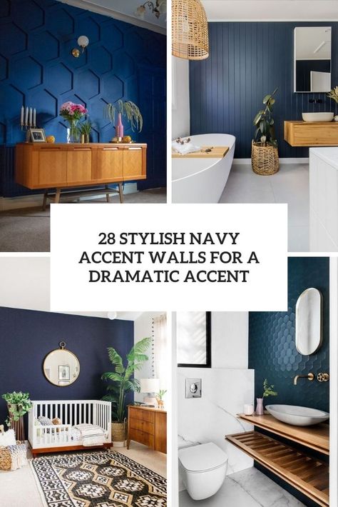 28 Stylish Navy Accent Walls For A Dramatic Accent - DigsDigs Navy Blue Entryway Accent Walls, Navy Dining Room Accent Wall, Navy Blue And Gold Accent Wall, Navy Accent Wall Bathroom, Navy Blue Feature Wall Living Room, Blue And Gold Accent Wall, Navy Bedroom Ideas Gold Accents, Dark Navy Accent Wall, Blue Accent Wall Office