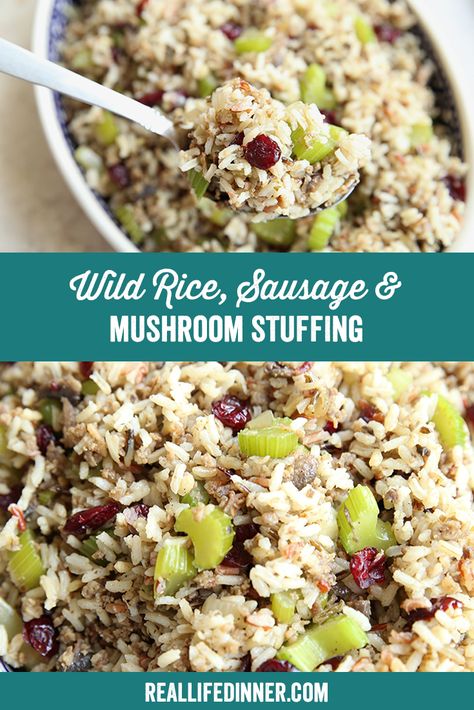 Two-photo Pinterest picture of Wild Rice Sausage and Mushroom Stuffing with the text of the title in the middle, separating the photos. Sausage Rice Stuffing, Sausage And Rice Stuffing, Rice Stuffing For Turkey, Wild Rice Dressing With Sausage, Wild Rice Stuffing Thanksgiving, Sausage And Mushroom Stuffing, Wild Rice Dressing, Wild Rice Stuffing Recipes, Delicious Stuffing Recipe