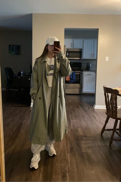 fall fashion, outfit of the day, ootd, trench coat, oversized, casual outfit, errands outfit, how to dress up sweatpants