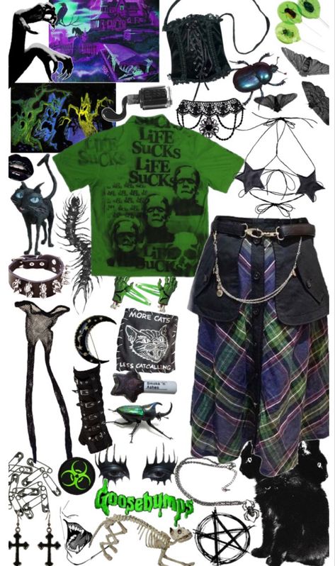 green and purple goth ig Black And Green Alt Outfit, Purple And Green Aesthetic Outfit, Cartoon Redesign, Green Goth Outfit, Green Goth, Pink Outfits Aesthetic, Street Racer, Purple Goth, Bubble Goth