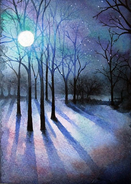 watercolour test to see if I could do a night time version of my woody scene. 자작나무 그림, Nature Landscape Painting, Painting Snow, Winter Watercolor, Watercolor Projects, Winter Painting, Night Landscape, 수채화 그림, Watercolor Landscape Paintings