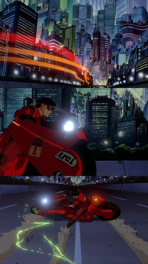 Akira Aesthetic Wallpaper, Akira Scenes, 80s Cyberpunk Aesthetic, Retro Futurism Anime, Cyberpunk Arasaka, Akira Neo Tokyo, 80s Futurism, Akira Motorcycle, Akira Wallpaper