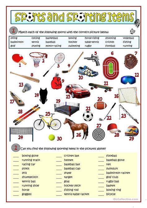 SPORTS AND SPORTING ITEMS - English ESL Worksheets for distance learning and physical classrooms English Printables, Sport English, Free Time Activities, English Exercises, Teaching English Grammar, Social Studies Worksheets, Vocabulary Practice, English Activities, Vocabulary Worksheets