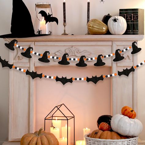 PRICES MAY VARY. Package Includes: You will get 2 pieces Halloween felt bats witch and wood beads garland in different style, enough quantity can satisfy your daily needs of festival decor, rustic farmhouse design and cute patterns add spooky Halloween atmosphere. Widely Use: Our Halloween felt bats bead garland suitable for Halloween theme parties, such as tree, walls, windows, mantel, doorway, dinner tables, office, adds an eye-catching addition to your home and enjoy the happy time with famil Cricket Projects Halloween, Halloween Decor Cottagecore, Halloween Decorations Garland, Halloween Garlands Diy, Autumn Decor Outside, Decorate With Wood Bead Garland, Halloween Theme Table Decor, Gate Halloween Decor, Halloween Bay Window Display