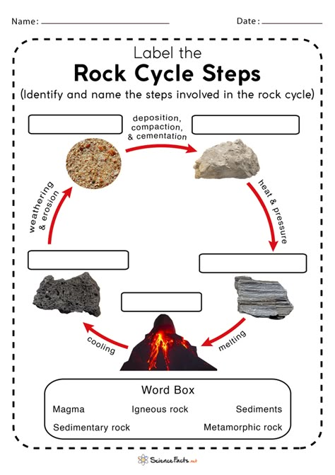 Rock Cycle Worksheet Free Printable, Rock Cycle Activities, Rock Cycle Worksheet, Rock Cycle Diagram, Landforms Worksheet, Rock Cycle Activity, Rock Science, Word Boxes, Rock Cycle