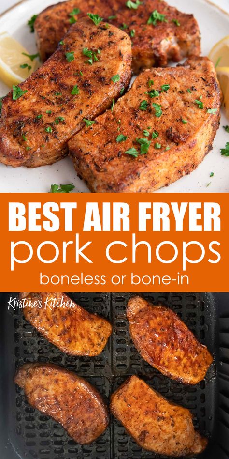 These Air Fryer Pork Chops are so juicy, perfectly seasoned and easy to make! Recipe includes cook times for boneless and bone in pork chops. Pork Chop Recipes Healthy, Pork Chops Bone In, Air Fryer Recipes Pork, Healthy Pork Chops, Healthy Pork Chop Recipes, Air Fryer Pork, Air Fryer Pork Chops, Healthy Pork, Easy Pork Chop Recipes