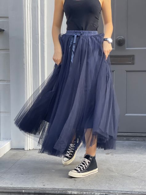 Navy Tulle Skirt Outfit, Blue Tulle Skirt Outfit, Navy Skirt Outfit, Navy Tulle Skirt, Navy Aesthetic, Tulle Skirt Outfit, Black Tiered Skirt, Blue Tulle Skirt, Tulle Skirts Outfit