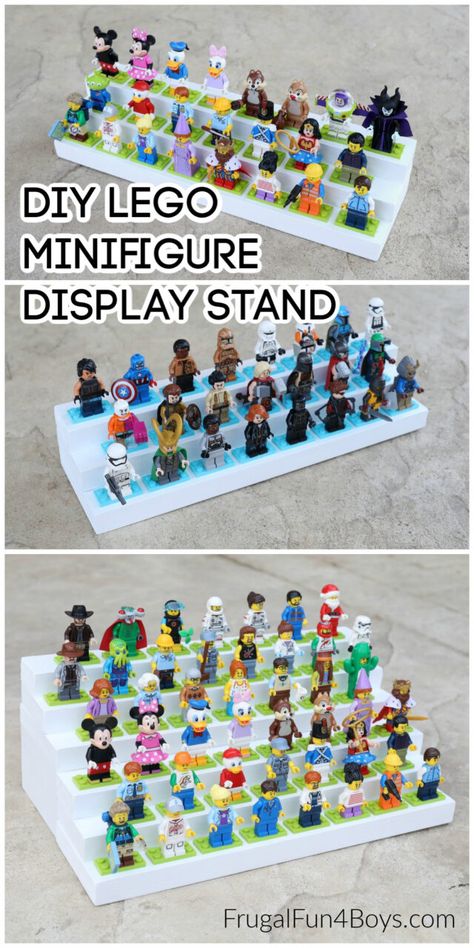 Lego Mini Figure Display Diy, Mini Figure Display, Lego Display Ideas, Minifigure Display, Lego Minifigure Display, Disney Lego, Lego Organization, Lego Display, Lego Diy