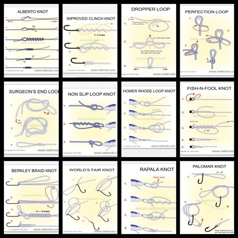 These are some of the most commonly  used fishing knots. Go to NetKnots.com for step-by-step and video instructions Fishing Knots Step By Step, Easy Fishing Knots, Strongest Fishing Knots, Fishing Knots Tutorials, Palomar Knot, Fish Chart, Fishing Hook Knots, Hook Knot, Clinch Knot