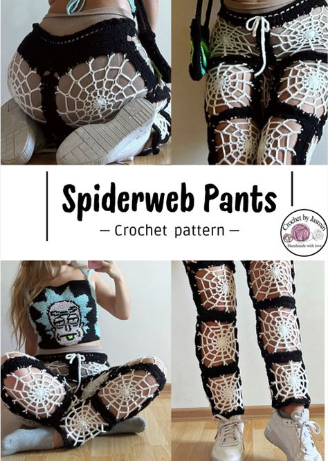 Spiderweb Pants Crochet Pattern, 1 Day Crochet Projects, Crochet Spiderweb Pants, Crochet Skull Pants Pattern Free, Crochet Pants Pattern Free, Glow Crochet, Crochet Spider Web Top Pattern Free, Intermediate Crochet Patterns, Spider Web Top Crochet Pattern