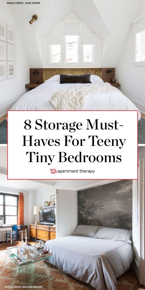 Here are 8 storage must-haves for teeny tiny bedrooms, according to interior designers. #smallbedroom #bedroomstorage #bedroomideas #storagehacks #storagetips #clothesstorage #storageideas #smallspaces Tiny Bedroom Storage, Cozy Bedroom Lighting, Small Bedroom Storage, Tiny Bedrooms, Wall Panels Bedroom, Small Space Bedroom, Space Bedroom, Bedroom Decorating Ideas, Tiny Bedroom