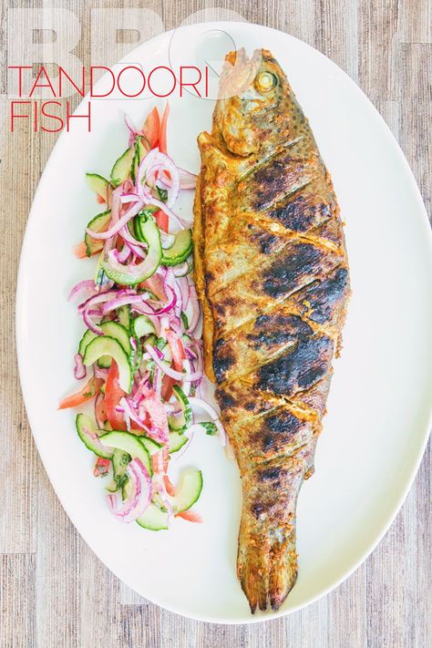 Cooking tandoori fish on the BBQ is the perfect substitute for a tandoor oven. This recipe shoves dodgy sausages and burgers to one side and brings a touch of the exotic to your summer BBQ! #grillparty #bbqideas Grilled Fish Recipes Tilapia, Fish Recipes Tilapia, Fish Recipes Grilled, Tandoori Fish, Whole Fish Recipes, Cooking Trout, Bbq Fish, Tandoor Oven, Grilled Fish Recipes