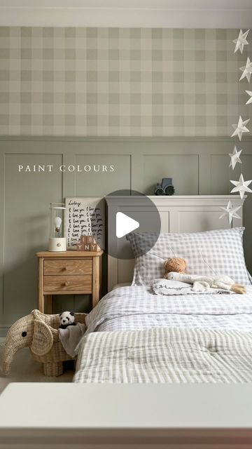 Green Panelling Wallpaper, Green Walls With Paneling, Green Beadboard Nursery, Green Wall Panelling Bedroom, Sage Green Feature Wall Bedroom, Unisex Kids Bedroom Ideas, Toddler Bedroom Green, Boys Wallpaper Bedroom, Green Toddler Room Boy