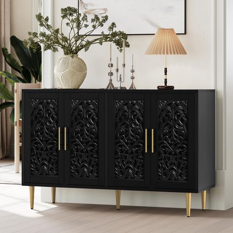 PRICES MAY VARY. 𝑨𝒅𝒐𝒓𝒂𝒃𝒍𝒆 𝑽𝒊𝒏𝒕𝒂𝒈𝒆 𝑳𝒐𝒐𝒌 -The buffet cabinet features exquisite hollow carving craftsmanship. The wood finish gives it a retro look that perfectly complements mid-century or French country-inspired decor. You will be thrilled with this sideboard cabinet every time you have a sight on it! 𝑸𝒖𝒂𝒍𝒊𝒕𝒚 𝑴𝒂𝒕𝒆𝒓𝒊𝒂𝒍 & 𝑪𝒐𝒏𝒔𝒕𝒓𝒖𝒄𝒕𝒊𝒐𝒏 - Made of thick, well-painted panels and premium metal accessories, this accent cabinet with doors is quite sturdy and Gold Console Table Decor, Cabinets Entryway, Carved Sideboard, Water Bar, Glam Living Room Decor, Gold Console Table, Sideboard Decor, Furniture Storage Cabinets, Glam Living Room