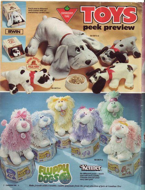 1986 Canadian Tire flyer mini catalogue catalog Toys peek preview before Christmas. Inside page. Pound puppies and Fluppy dogs. Irwin and Kenner. Vintage Toys 80s, Puppy Care Tips, 80’s Toys, 1980s Childhood, Dogs Photos, Right In The Childhood, Toy Catalogs, 1980s Toys, Pound Puppies