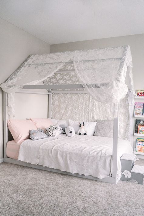 Pastel Toddler Room, Diy House Bed, Toddler House, Toddler House Bed, House Frame Bed, Single Size Bed, Toddler Girl Room, Toddler Bedroom, Toddler Rooms