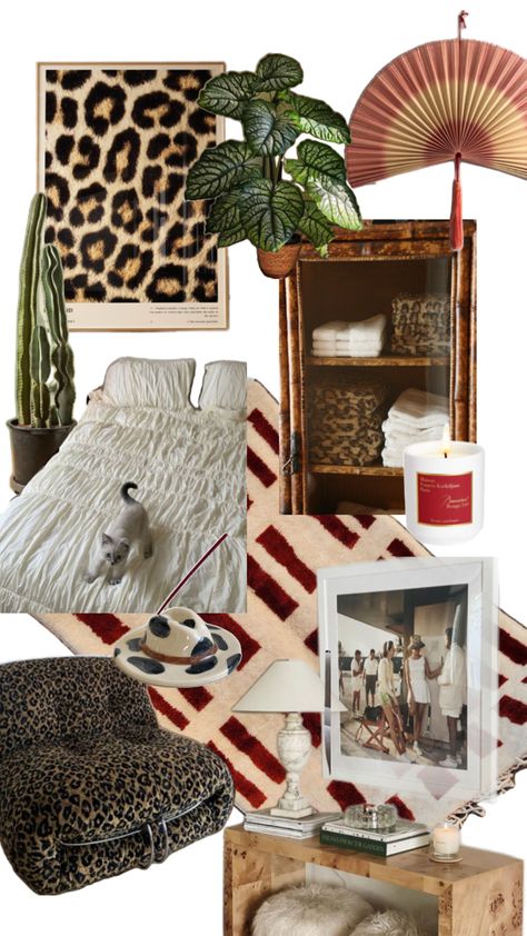 cheetah print, plants, red accents, animal print, cozy, insense. Red Accent Bedroom, Cheetah Print Rooms, Tropical Room Decor, College House, Bedroom Red, Bedroom Decor Design, Dreamy Room, Room Redo, Apartment Decor Inspiration