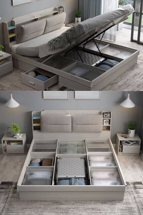 Double Bed Storage, Space Saving Bed, Hydraulic Bed, Bed Designs With Storage, Bed Double, Modern Style Bedroom, Bed Frame Design, Bedroom Cupboard Designs, Furniture Details Design