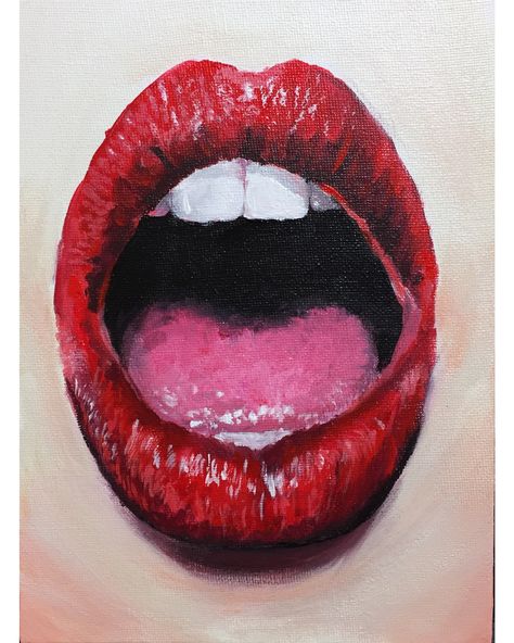 Acrylic painting by Allie Fuller.  #art #fineart #painting #acrylicpainting #alliefullerart #lips #mouth Biting Lip Painting, Mouth Painting Acrylic, Painting Lips Acrylic, Lips Oil Pastel, Facial Features Art Gcse, Open Mouth Painting, Lips Painting Acrylic, Drawn Mouth, Lips Canvas Painting