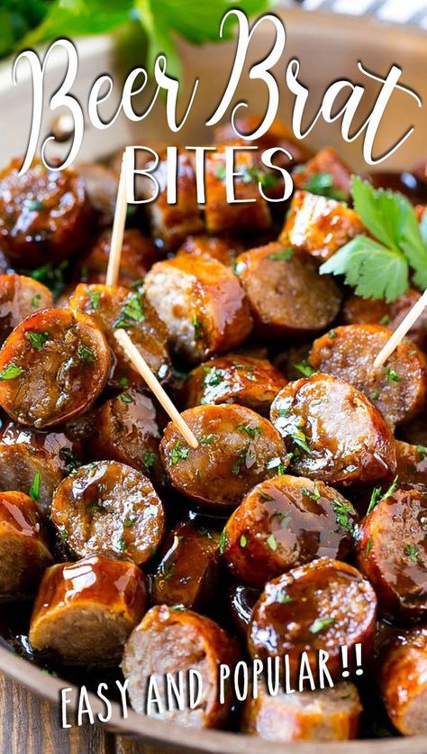 Beer Brat Appetizer, Appetizers For Party Easy Crock Pot, Bratwurst Bites Recipes, Easy Sausage Appetizers, Recipes Using Beer Brats, Beer And Appetizer Pairings, Beer Party Food Ideas, Brat Bites Crock Pot, Things To Make With Bratwurst