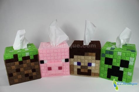 Minecraft Block Tissue Box Cover.: Minecraft Crafts, Crochet Tissue Box Cover, Minecraft Diy, Stitch Games, Plastic Canvas Tissue Boxes, Simple Crochet, Plastic Canvas Patterns Free, Minecraft Party, Box Patterns