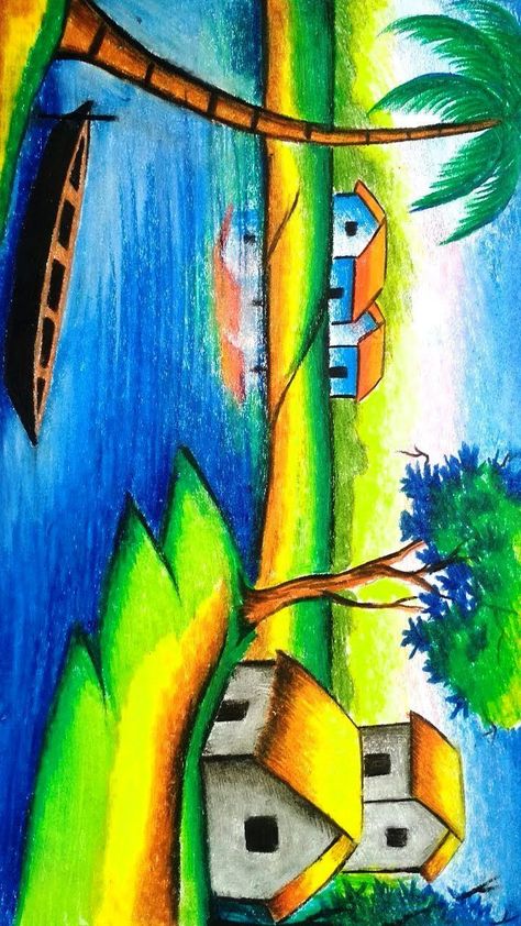 Beautiful Scenery Drawing Pencil, Village Scenary Drawings, Nature Drawing With Crayons, Senary Drawing Kids, Easy Senary Drawings, Scenary Drawings For Kids, Beautiful Scenery Drawings Easy, Oil Pastel Sketch, Intermediate Drawing