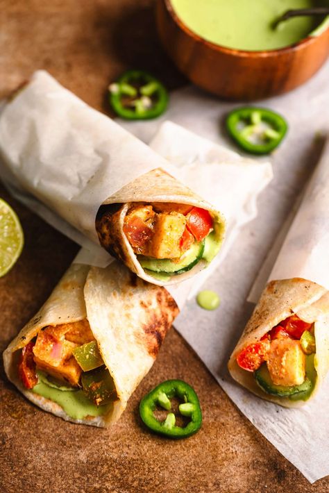 Paneer Kathi Rolls with Cilantro Jalapeño Sauce The Chutney Life, Paneer Roll Wraps, Paneer Kathi Roll, Kathi Roll, Jalapeno Sauce, Indian Appetizers, Tandoori Masala, Paratha Recipes, Indian Sweet