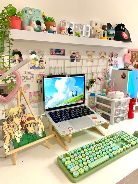 Laptop Desktop Setup, Anime Desk Setup, Laptop Desk Setup, Colorful Keyboard, Cozy Desk, Wireless Keyboard And Mouse, Study Desk Decor, Dorm Room Ideas, Dekorasi Kamar Tidur