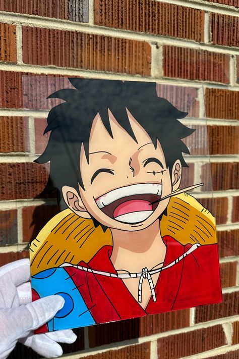 Smiling Monkey D. Luffy on glass in front of brick Luffy Painting Easy, One Piece Canvas Painting, One Piece Painting Canvases, One Piece Glass Painting, Glass Painting Cartoon, Acrylic Anime Painting, One Piece Acrylic Painting, One Piece Anime Painting, Luffy Canvas Painting