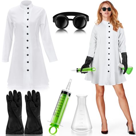 PRICES MAY VARY. What You Will Receive: the package contains 1 piece of scientist lab coat, 1 piece of mad scientist goggles, 1 pair of adult mad scientist gloves, 1 piece of plastic flask and 1 piece of syringe prop, 5 pieces in total, a complete mad scientist costume set, meeting your Halloween dressing needs Reliable and Well Made: our white lab coat is made of quality fabric material, with fine workmanship and smooth surface, not easy to deform or break, soft in texture and reliable to provi Evil Scientist Costume Women, Scientist Costume Women, Mad Scientist Costume Women's, Mad Scientist Halloween Decorations, Mad Scientist Outfit, Ghost Busters Costume, Sherlock Costume, Scientist Goggles, Frankenstein Costume Kids