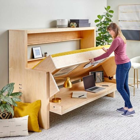 Folding Desk Bed, Hideaway Bed Diy, Murphy Bed With Stay Level Desk, Murphy Desk Bed, Murphy Bed Plans How To Build, Desk Over Bed, Murphy Bed Office Guest Bedrooms, Murphy Bed Desk Combo, Office Murphy Bed