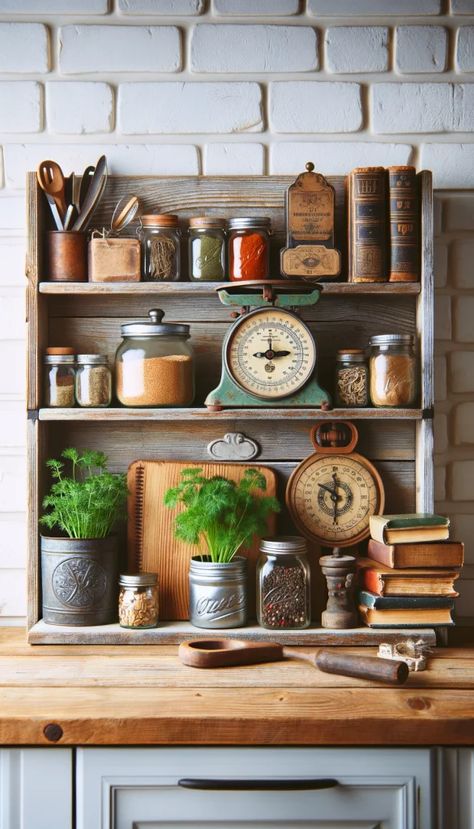 21 Shelf Decor Ideas That Will Instantly Elevate Your Space 🏡✨ How To Decorate Kitchen Shelves, Rustic Shelf Decor, Kitchen Shelf Decor Ideas, Shelf Decor Ideas, Wood Shelves Kitchen, Kitchen Bookshelf, Kitchen Shelf Styling, Vintage Kitchen Items, Vintage Scales