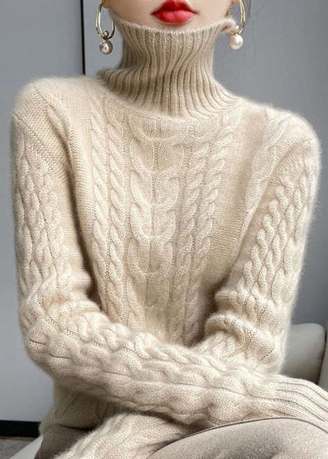 Cable Sweater Outfit, Knitted Cables, Cable Knit Sweater Pattern, White Turtleneck, Knit Sweaters, High Neck Sweater, Stylish Dress Book, Cable Sweater, Hand Knitted Sweaters