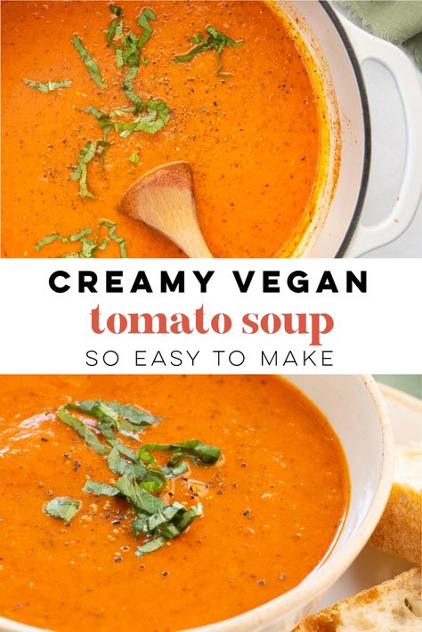 Easy Vegan Tomato Soup, Vegan Tomato Soup Recipe, Creamy Vegan Soup, Tomato Soup Vegan, Dairy Free Tomato Soup, Vegan Tomato Soup, Homemade Tomato Soup, Cream Of Tomato Soup, Tomato Soup Easy