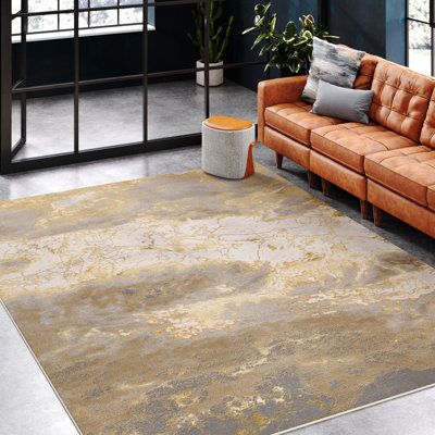 Gold Rug Bedroom, North Conway, Brown Couch, Yellow Area Rug, Abstract Area Rug, Gold Color Scheme, Gray Rug, Future Apartment, Gold Rug