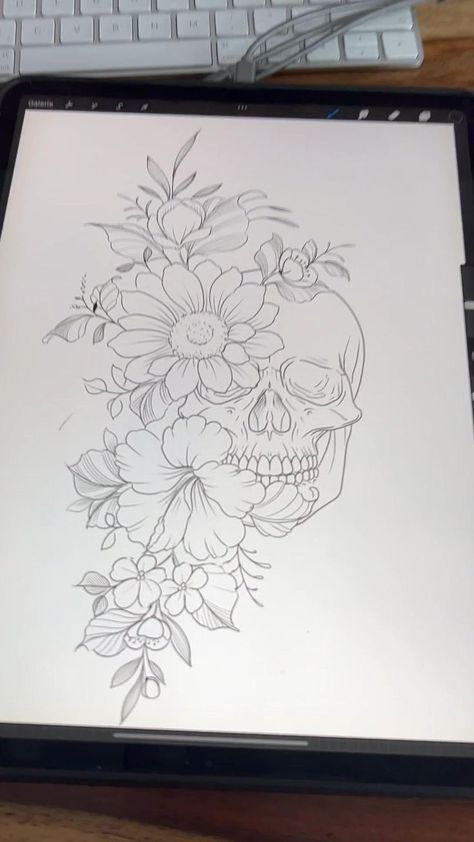 Floral Skull Tattoos, Skull Thigh Tattoos, Feminine Skull Tattoos, Skull Tattoo Flowers, Tattoos Floral, Feminine Tattoo Sleeves, Skull Sleeve, Flower Tattoo Drawings, Tattoo Flowers