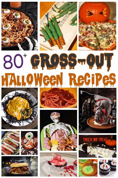 Looking for slimy, yucky, and all out creepy recipes for your Halloween celebrations this month? Check out this collection of over 80 Gross-Out Halloween Recipes! From slimy cakes and bloody treats to body part shaped meals and drinks, we've got all the scary Halloween food you could every want in this spooky roundup! Halloween Party Food Scary, Zombies, Creepy Foods For Halloween Party, Gross Halloween Snacks, Gross Halloween Appetizers, Creepy Desserts For Halloween, Gory Halloween Desserts, Gross Halloween Treats, Creepy Food For Halloween