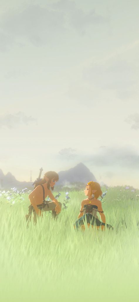 Zelda and Link sitting on a field. Link And Zelda Wallpaper, Zelda Phone Wallpaper, Tears Of The Kingdom Link, Zelda Wallpaper, Link And Zelda, Botw Zelda, Zelda Tears Of The Kingdom, Wallpaper For Phone, Tears Of The Kingdom