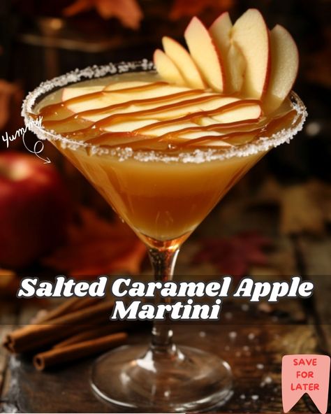 Apple Pie Drink Recipe, Fall Martinis Recipes, Apple Pie Drink, Caramel Cocktail, Apple Martini Recipe, Fall Caramel Apples, Salted Caramel Vodka, Caramel Apple Martini, Caramel Drinks