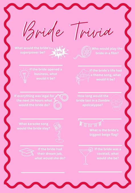 Bridal Trivia template for your hens party games! Answer fun, unique questions about your bride that are bound to get laughs out of your hens party guests!! Once you have downloaded your template, all you need to do is print and ENJOY! :) Hens Sleepover Party, Bride Trivia Questions, Bachelorette Party Ideas Sleepover, Hens Do Games, Uk Hen Do Ideas, Hens Do, Bachelorette Timeline, Bridal Sleepover, Hens Party Ideas Themes