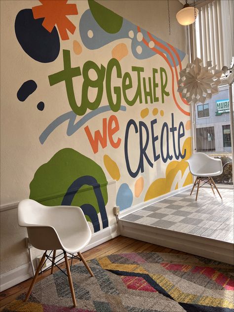 Monochromatic Mural Wall Art, Art Room Wall Mural, Corporate Murals Office Designs, Interactive Mural Wall, Creative Mural Art, Murals For School Walls, Classroom Murals Preschool, Elementary School Lobby Decorating Ideas, Mural Art For School