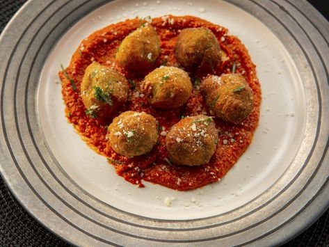 Tiffani Faison’s Tater Nuggets, as seen on Guy's Ranch Kitchen. Guys Ranch Kitchen, Leftover Risotto, Mozzarella Balls, Ranch Kitchen, Peanut Dipping Sauces, Nuggets Recipe, Potato Rice, Tv Dinner, Favorite Appetizers