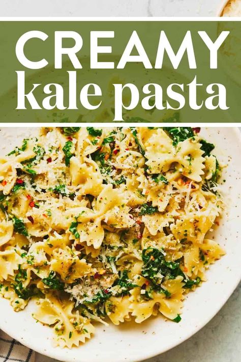 This Creamy Kale Pasta is fresh, easy, and DELICIOUS. Chewy bowtie pasta, coated in a light, salty, barely-creamy sauce, flecked with red pepper flakes and little bits of tender sautéed garlic kale. #pasta #kale #vegetarian Kale Pasta Recipe, Creamy Kale, Garlic Kale, Kale Pasta, Pinch Of Yum, Simple Family Meals, Kale Recipes, Bowtie Pasta, Savory Food